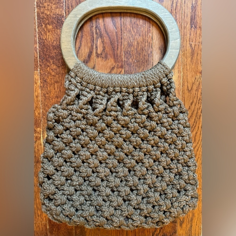Brown Vintage Macrame Purse Wood Handle Perfect Fall Crochet Handbag Handmade